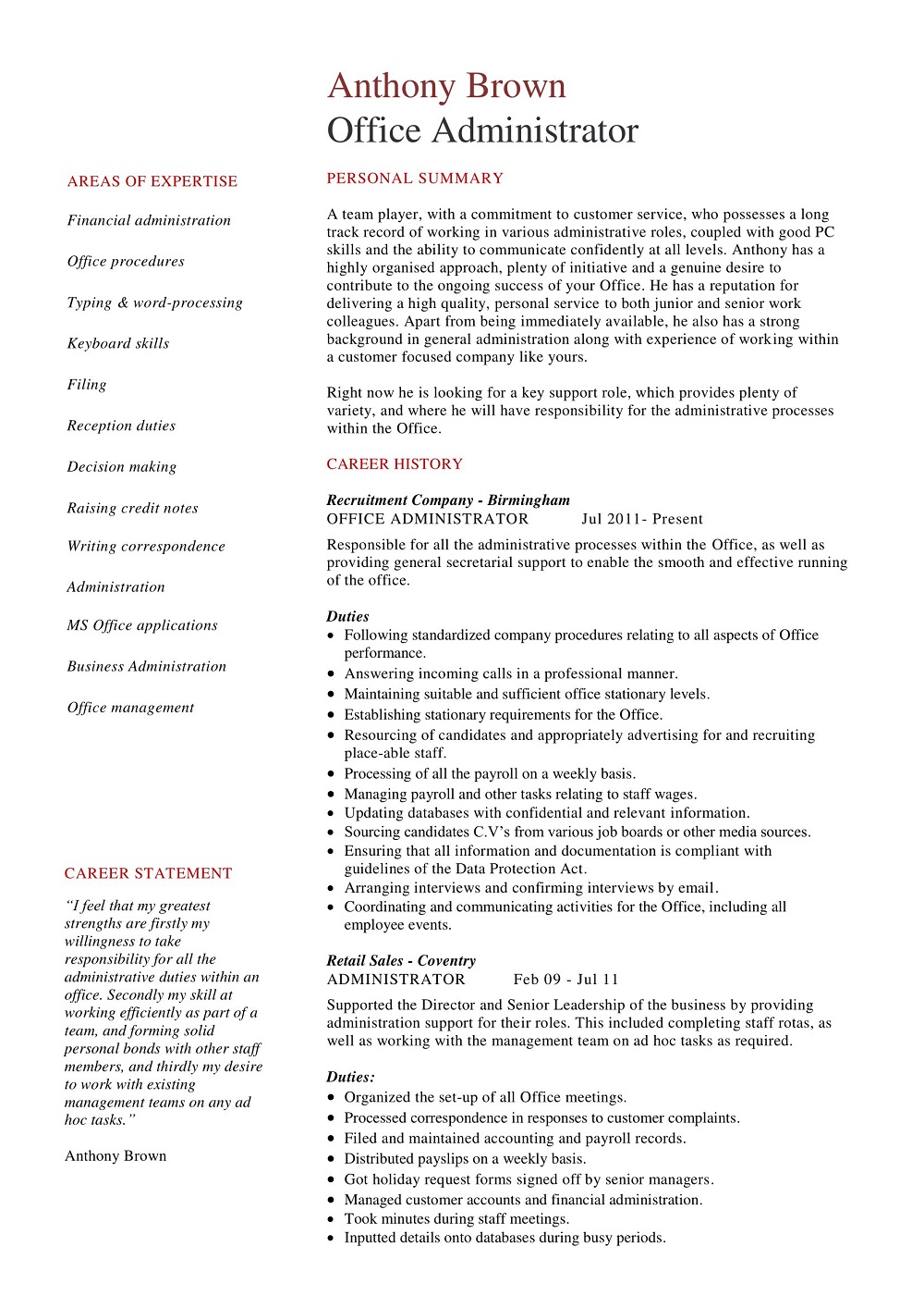 Office Administrative Resume Template