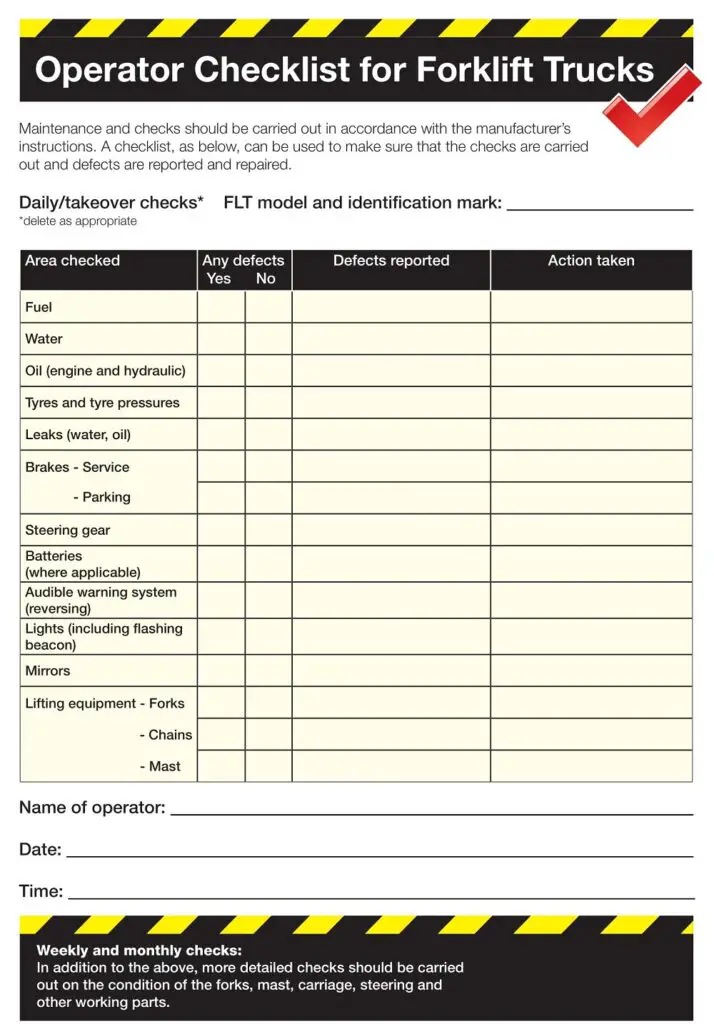 Forklift Operator Daily Checklist Printable Prntbl 