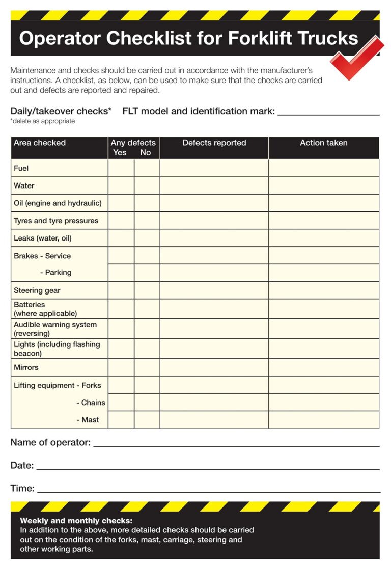 24+ Free Printable Forklift Inspection Checklist Templates - Sample PDF ...