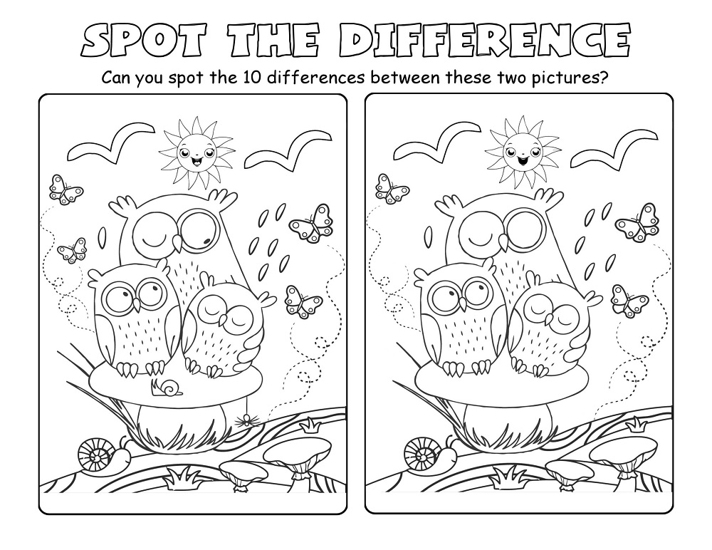 Owl Family Spot the Difference Puzzle Worksheet