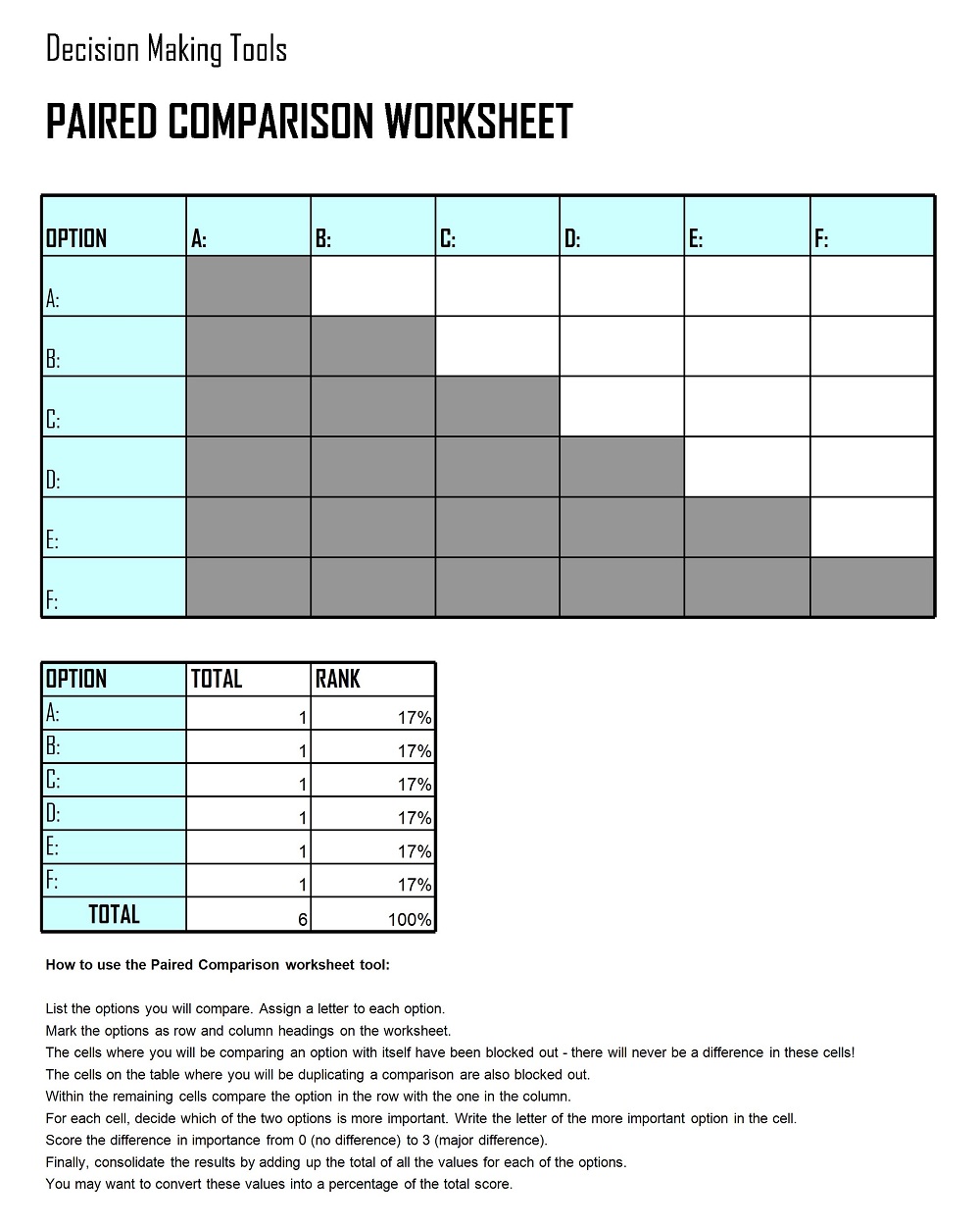 Paired Comparison Worksheet Excel