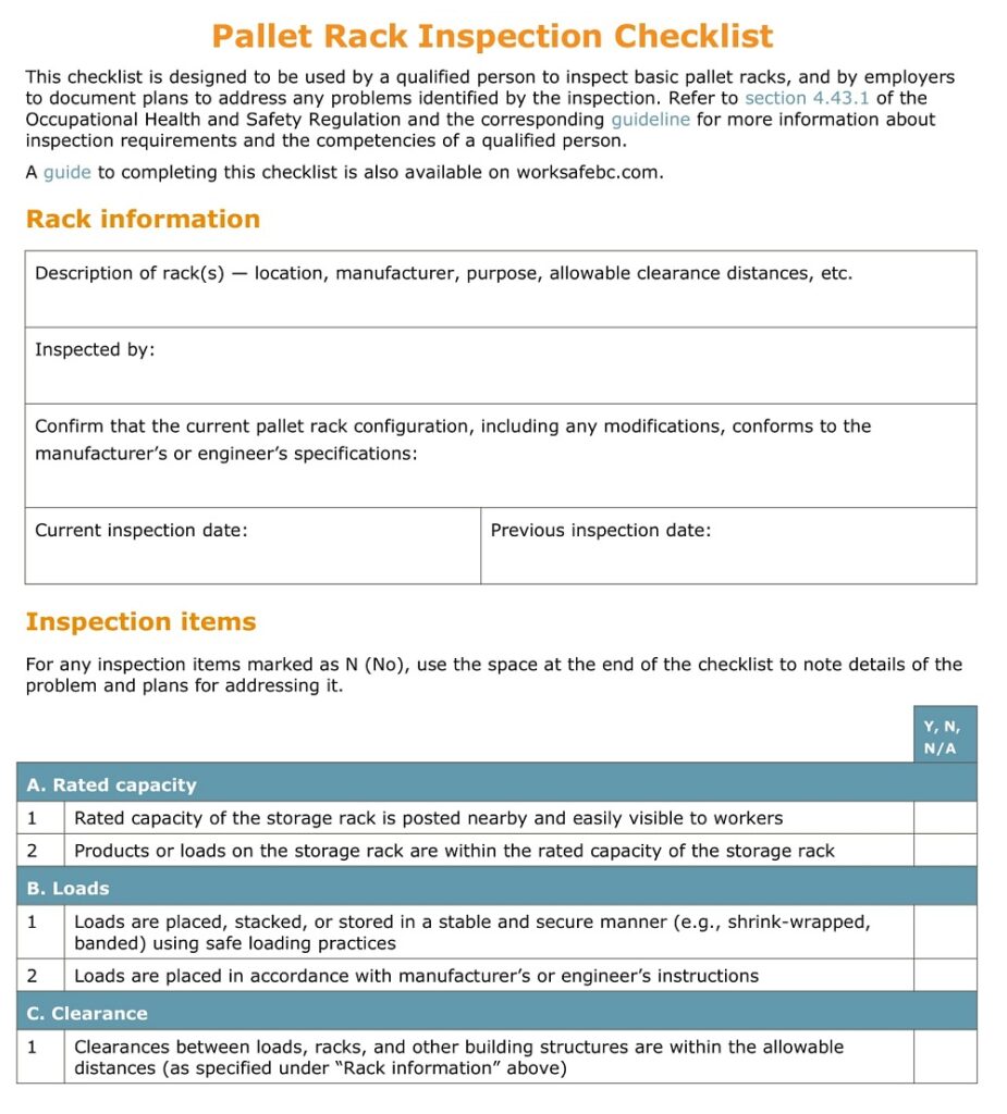 14+ Free Warehouse Racking Inspection Checklist Templates - Printable ...