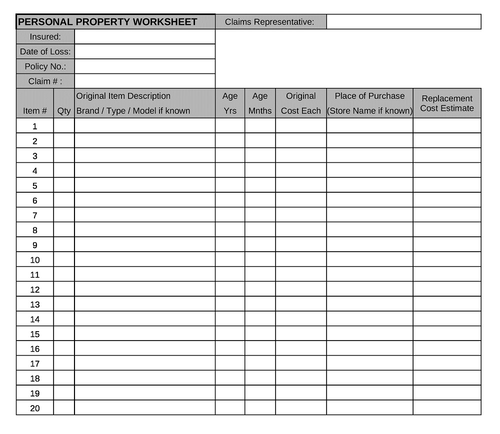 Personal Property Inventory Template