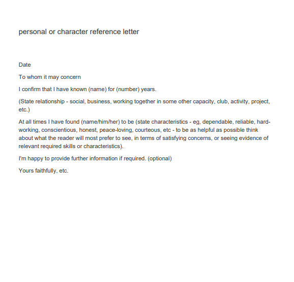 Personal Reference Letter Templates 7