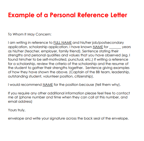 Personal Reference Letter Templates