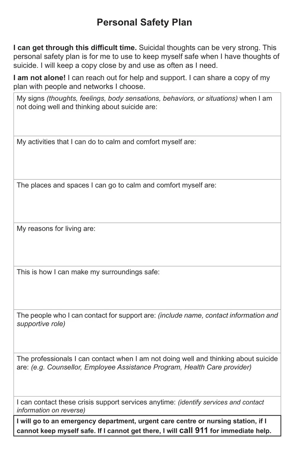 Personal Safety Plan Form