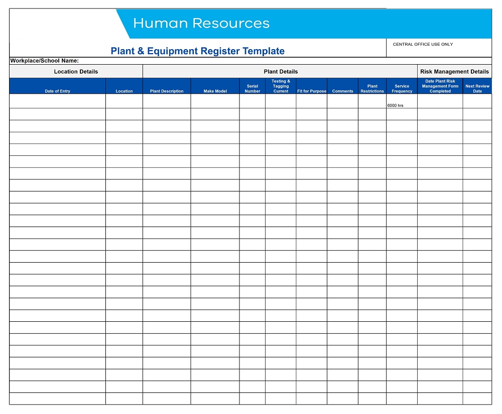 Plant and Equipment Register Template