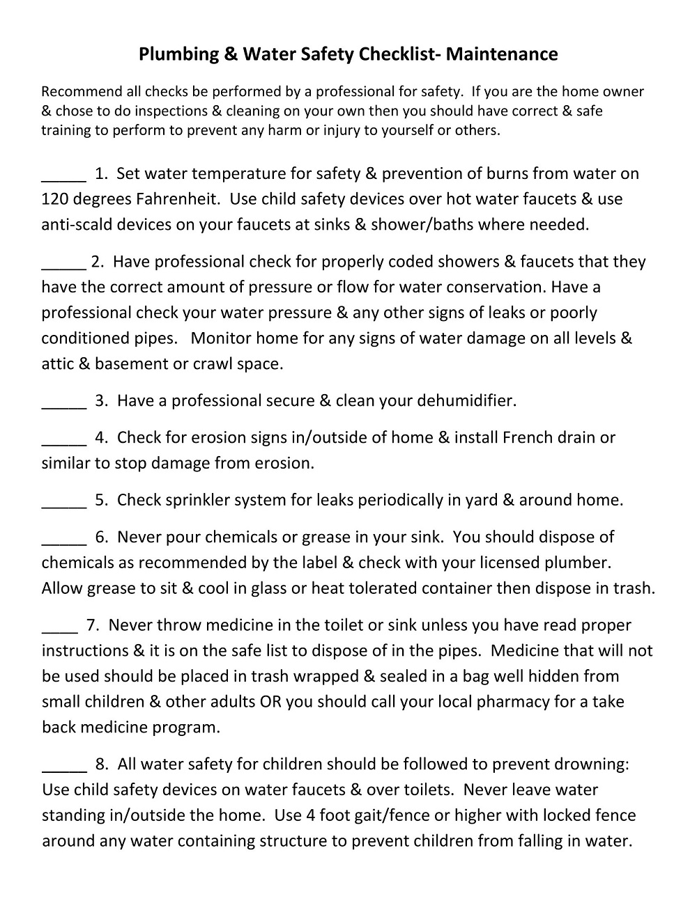 Plumbing Water Safety Maintenance Checklist