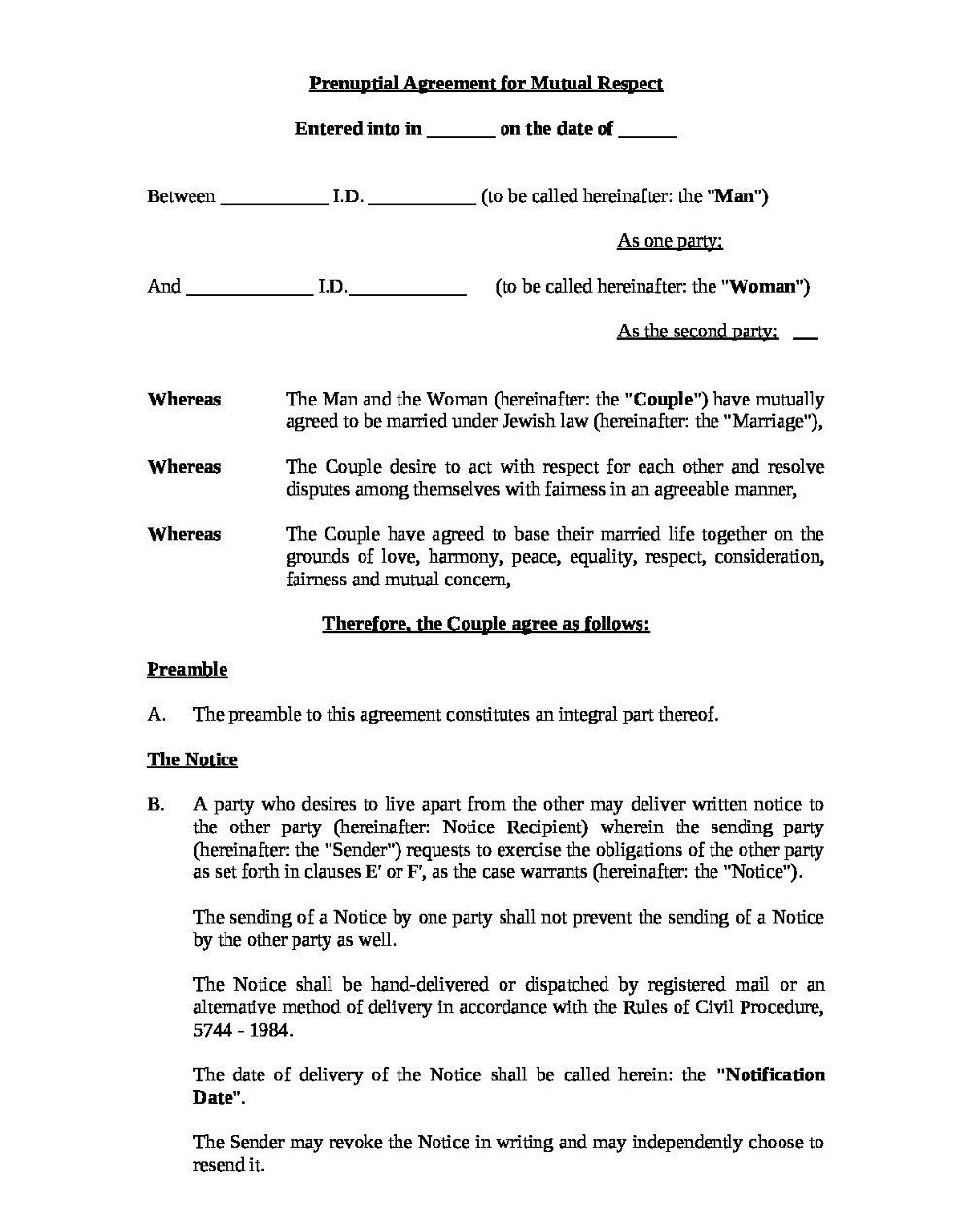 Prenuptial Agreement for Mutual Respect Template