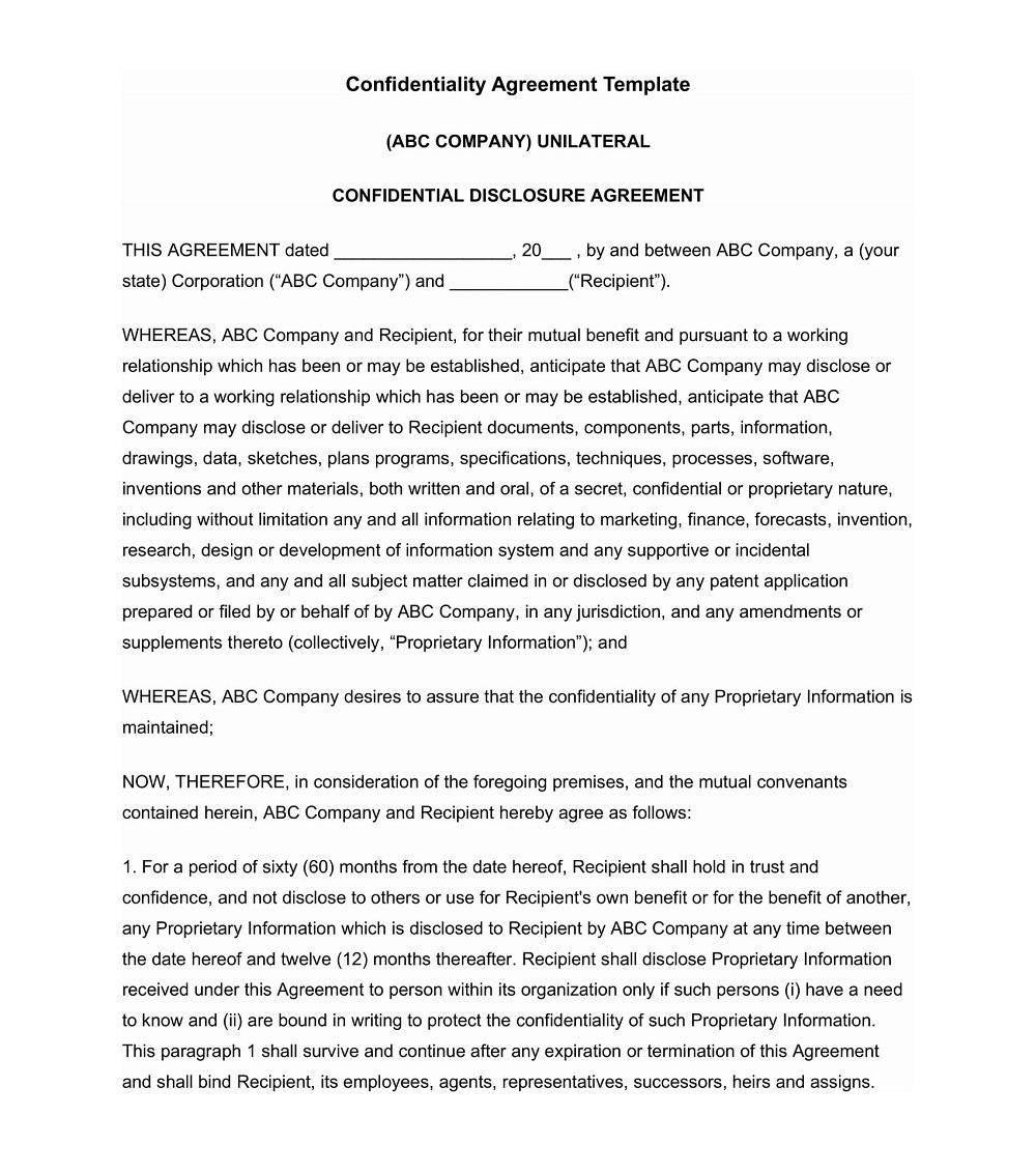 Printable Confidentiality Agreement Template