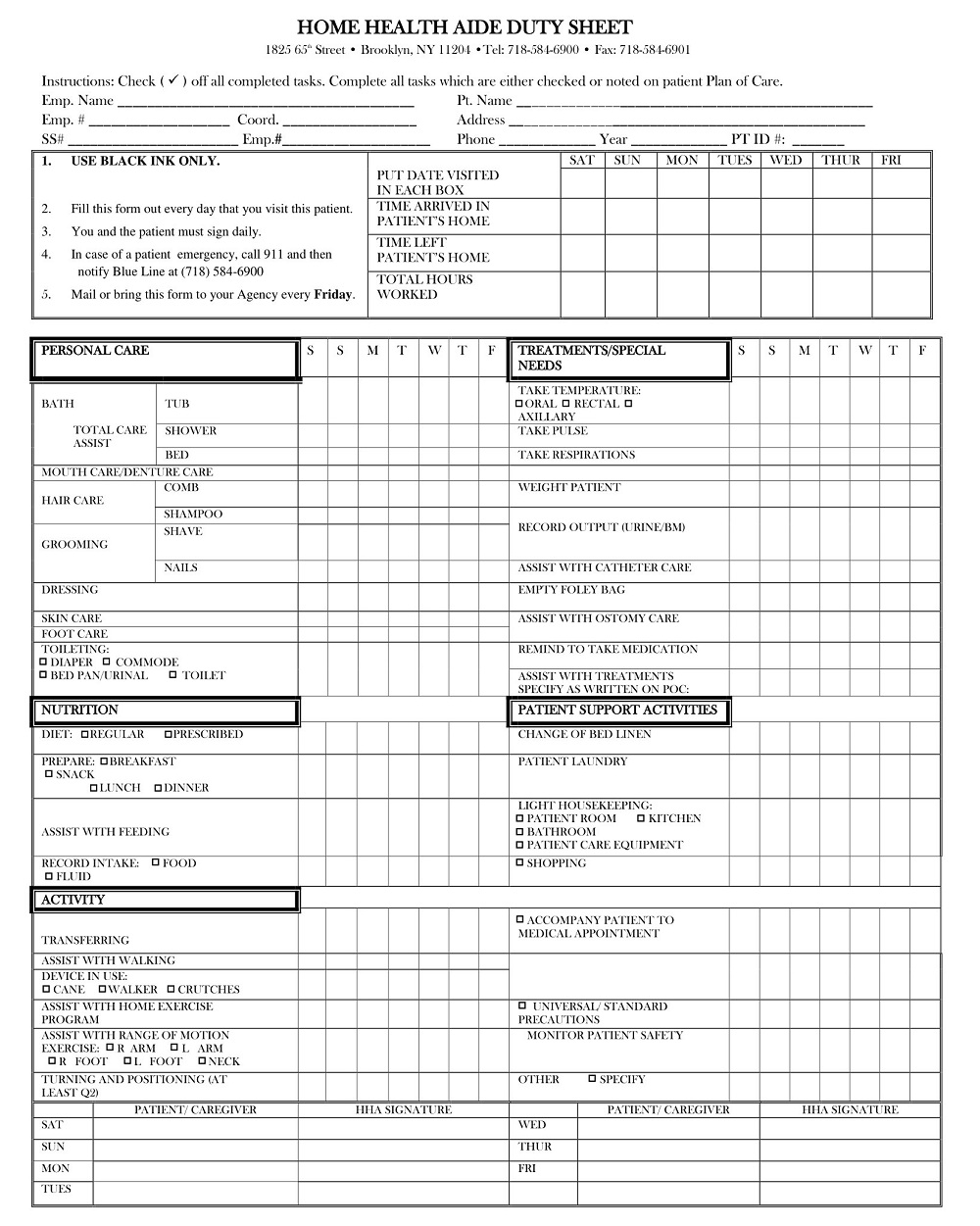 Printable Home Health Aide Duty Sheet