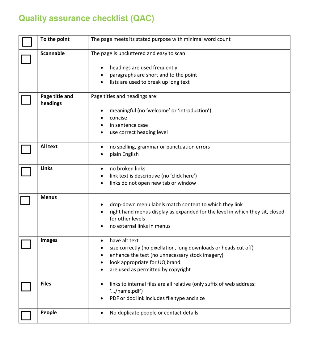 Printable Quality Assurance Checklist Template