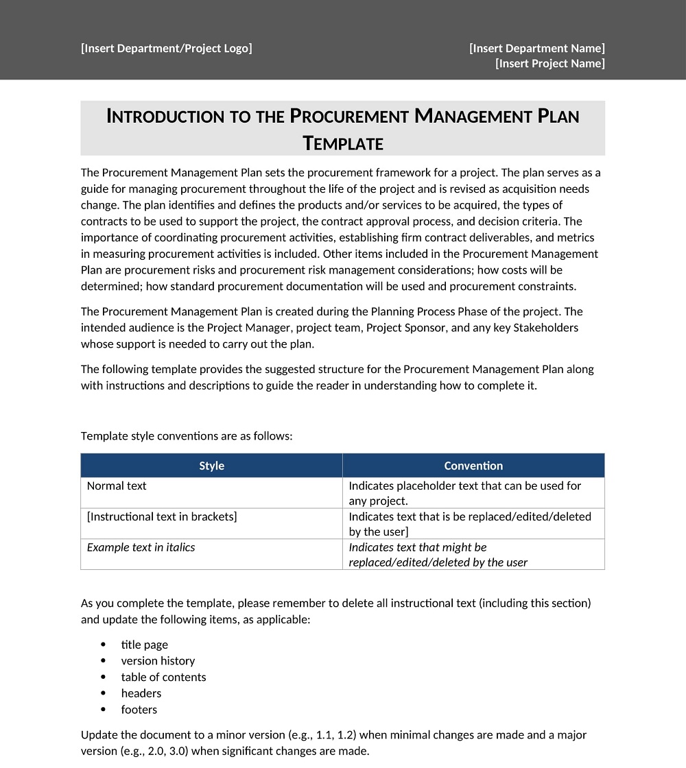 Procurement Management Plan with Instructions