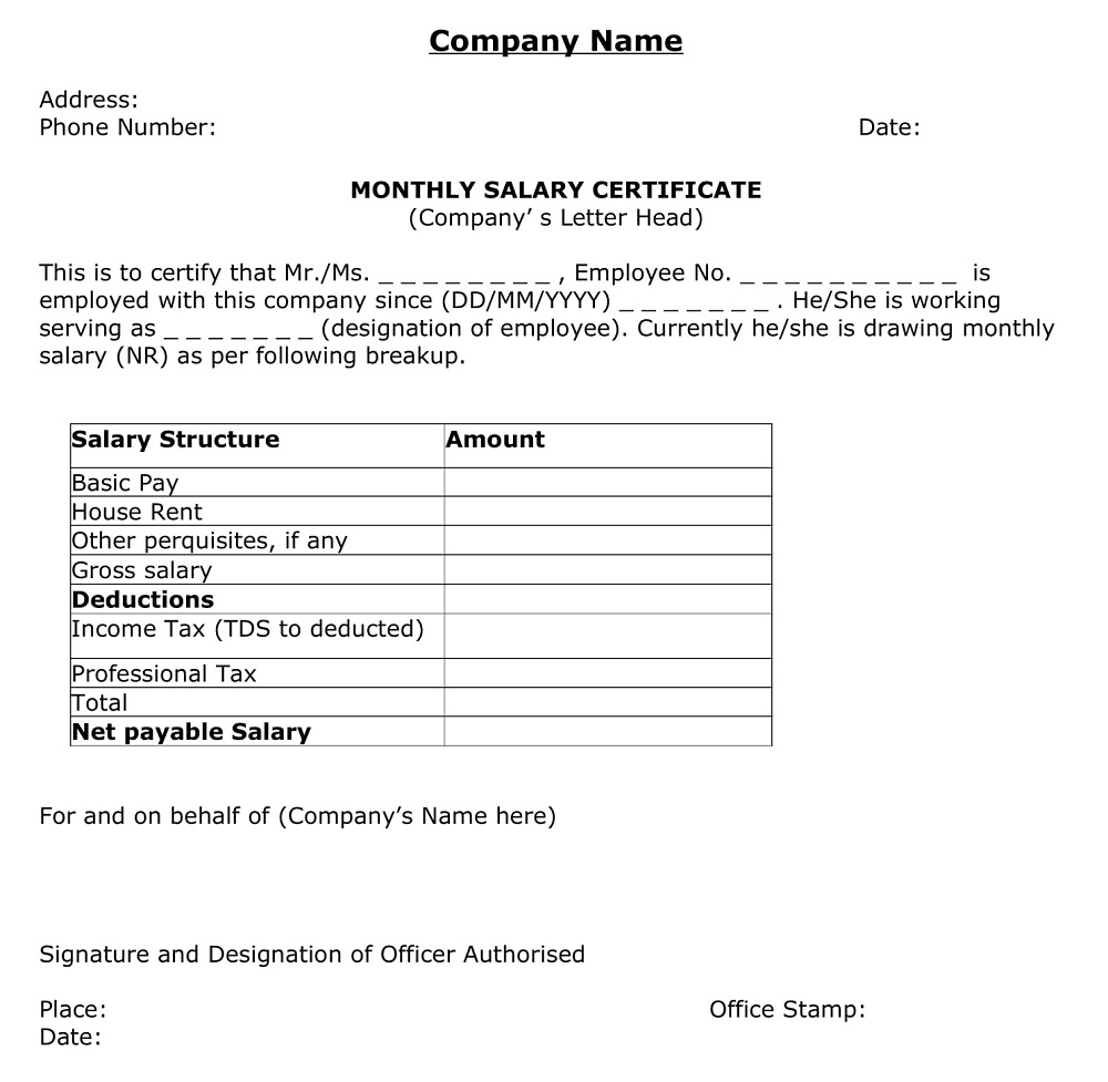 Professional Salary Certificate Letter
