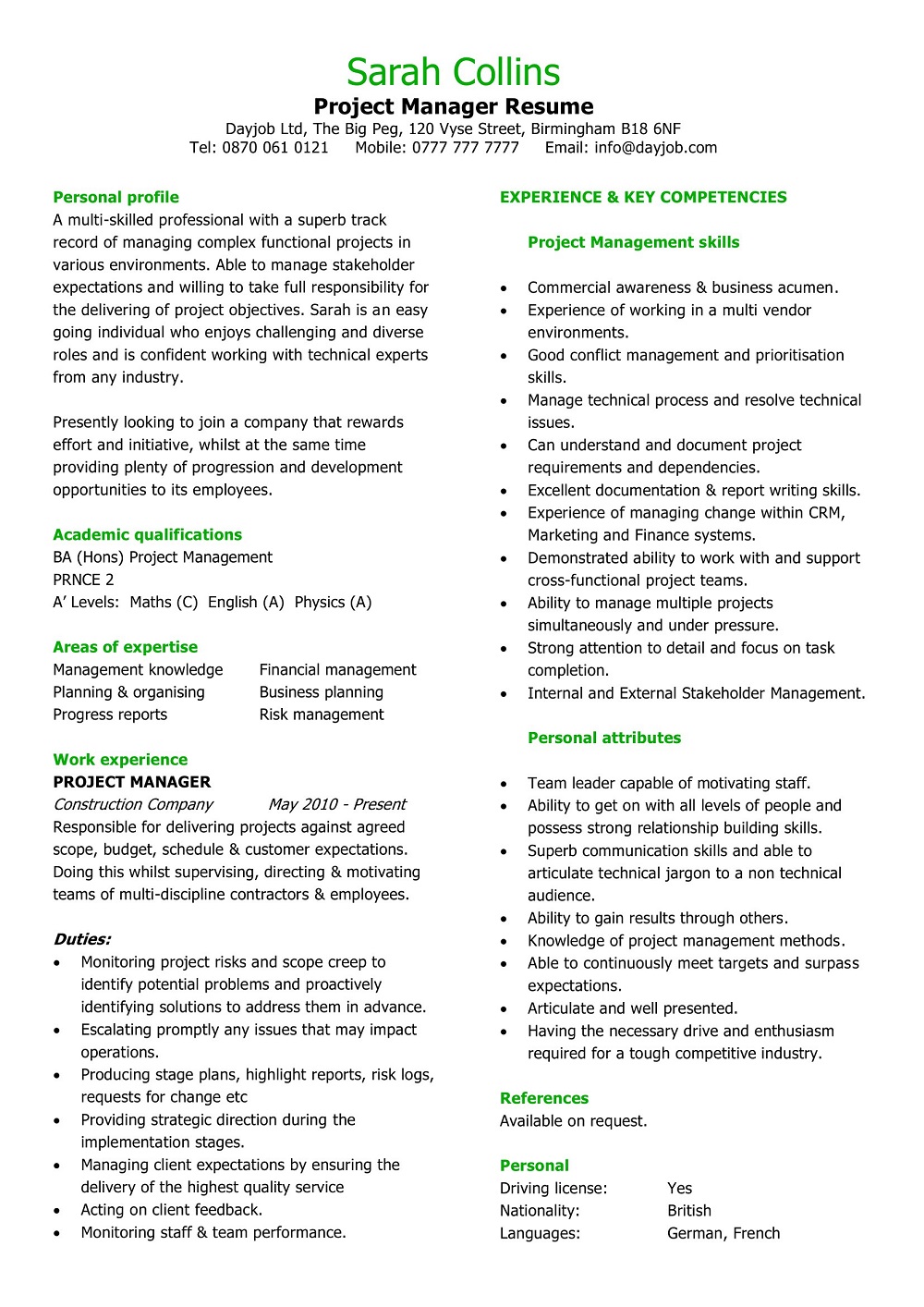 Project Manager Resume Template PDF