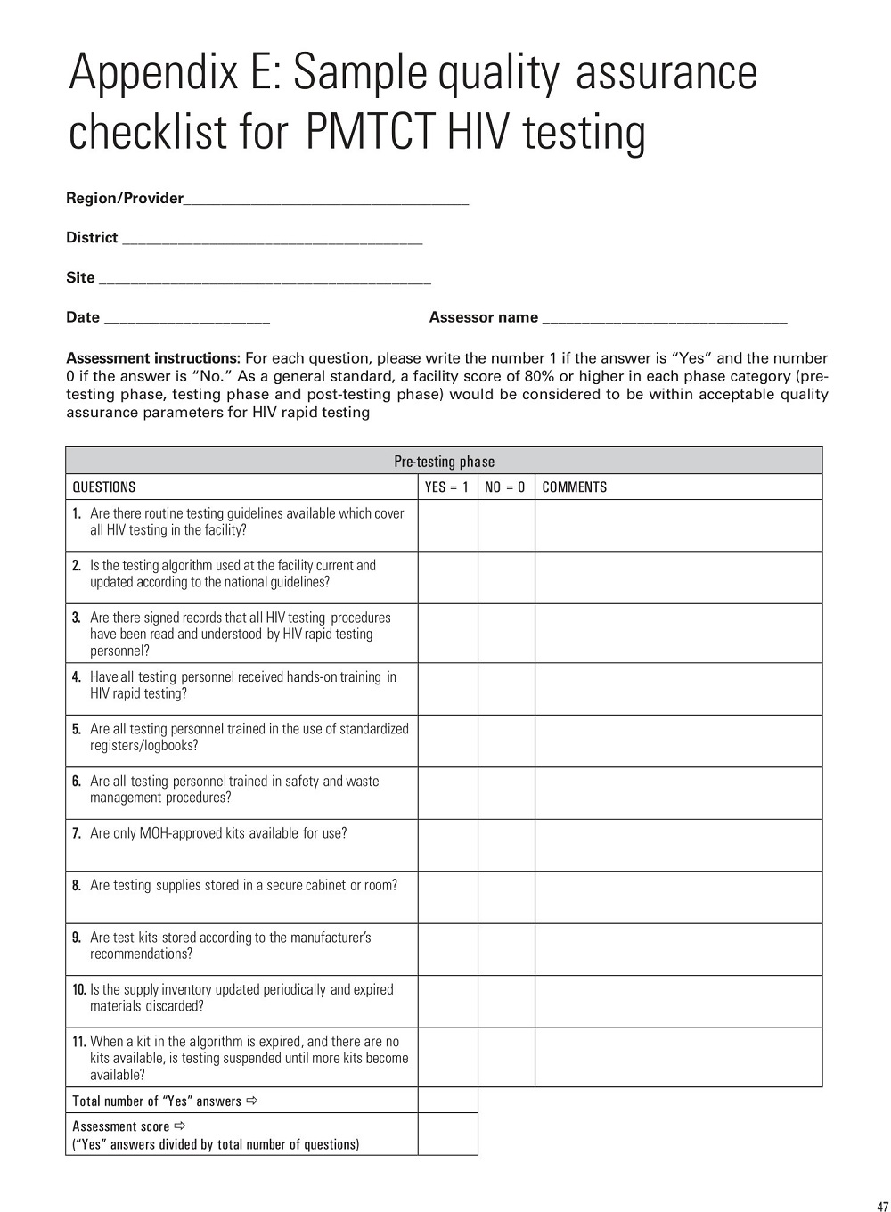 Quality Assurance Checklist Template for PMTCT HIV Testing