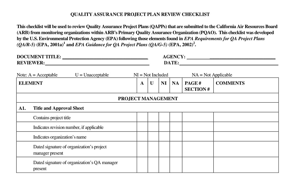 Quality Assurance Project Plan Review Checklist Template