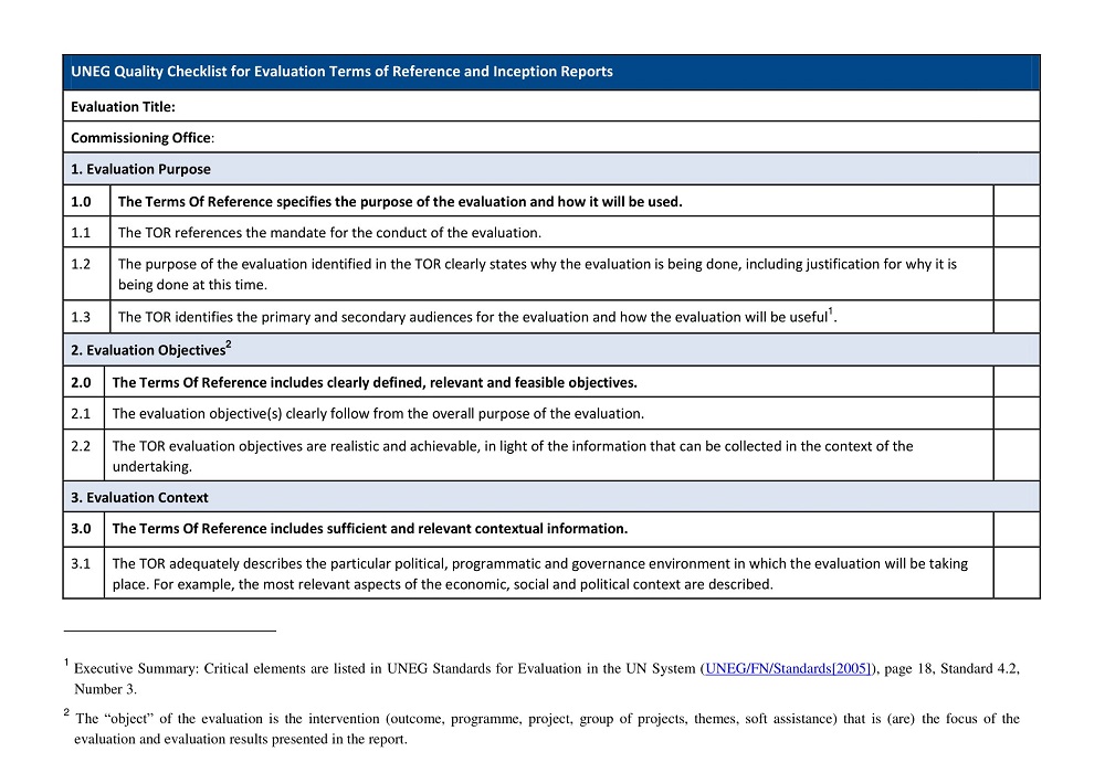 Quality Checklist Template for Evaluation Terms of Reference