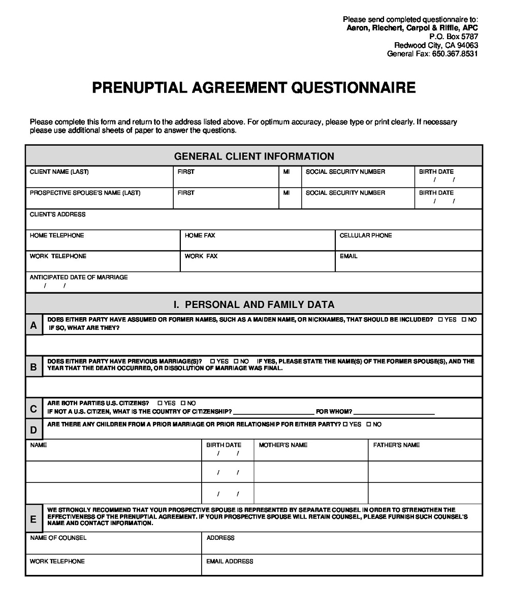 Questionnaire Prenuptial Agreement Template