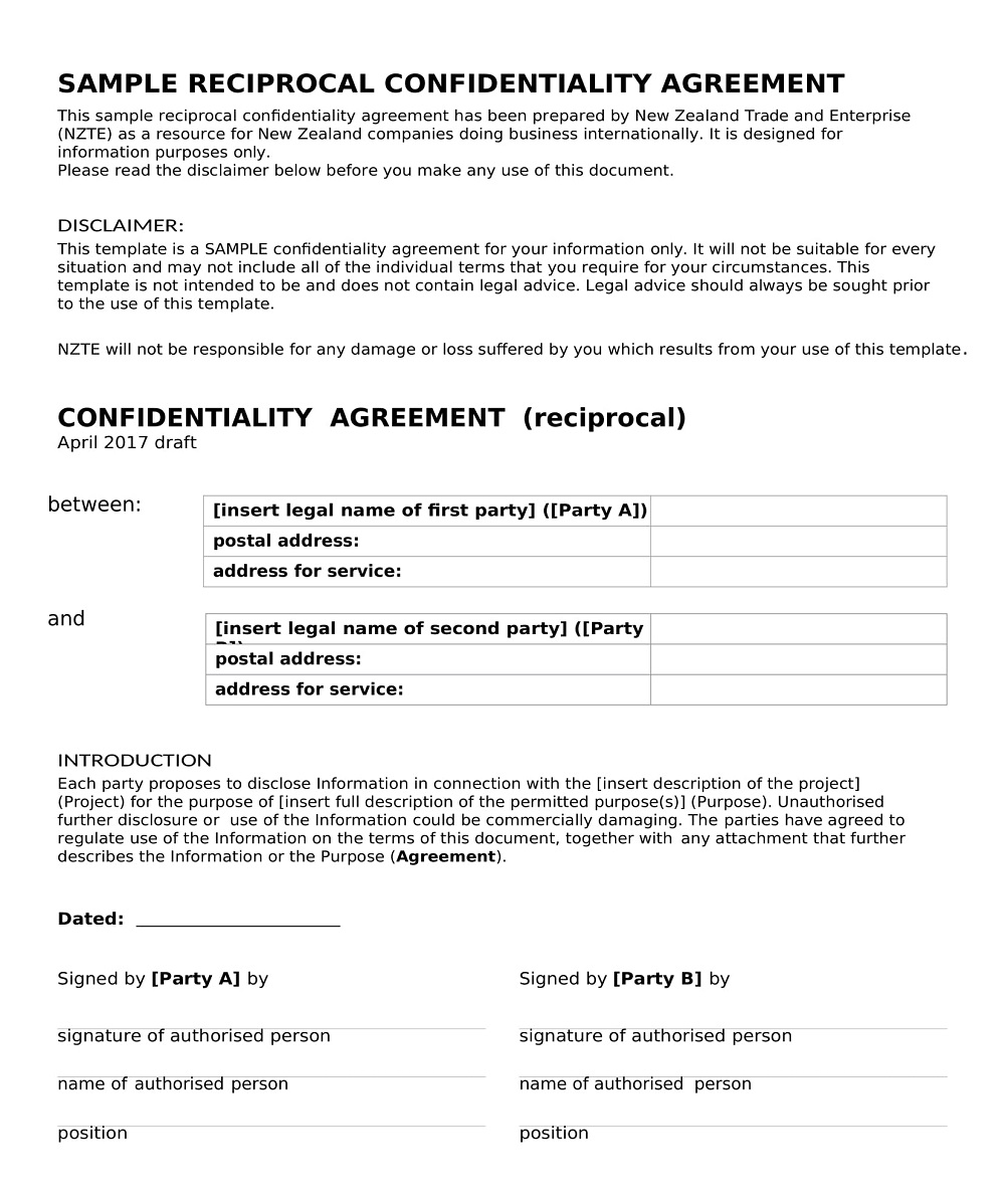 Reciprocal Confidentiality Agreement Template