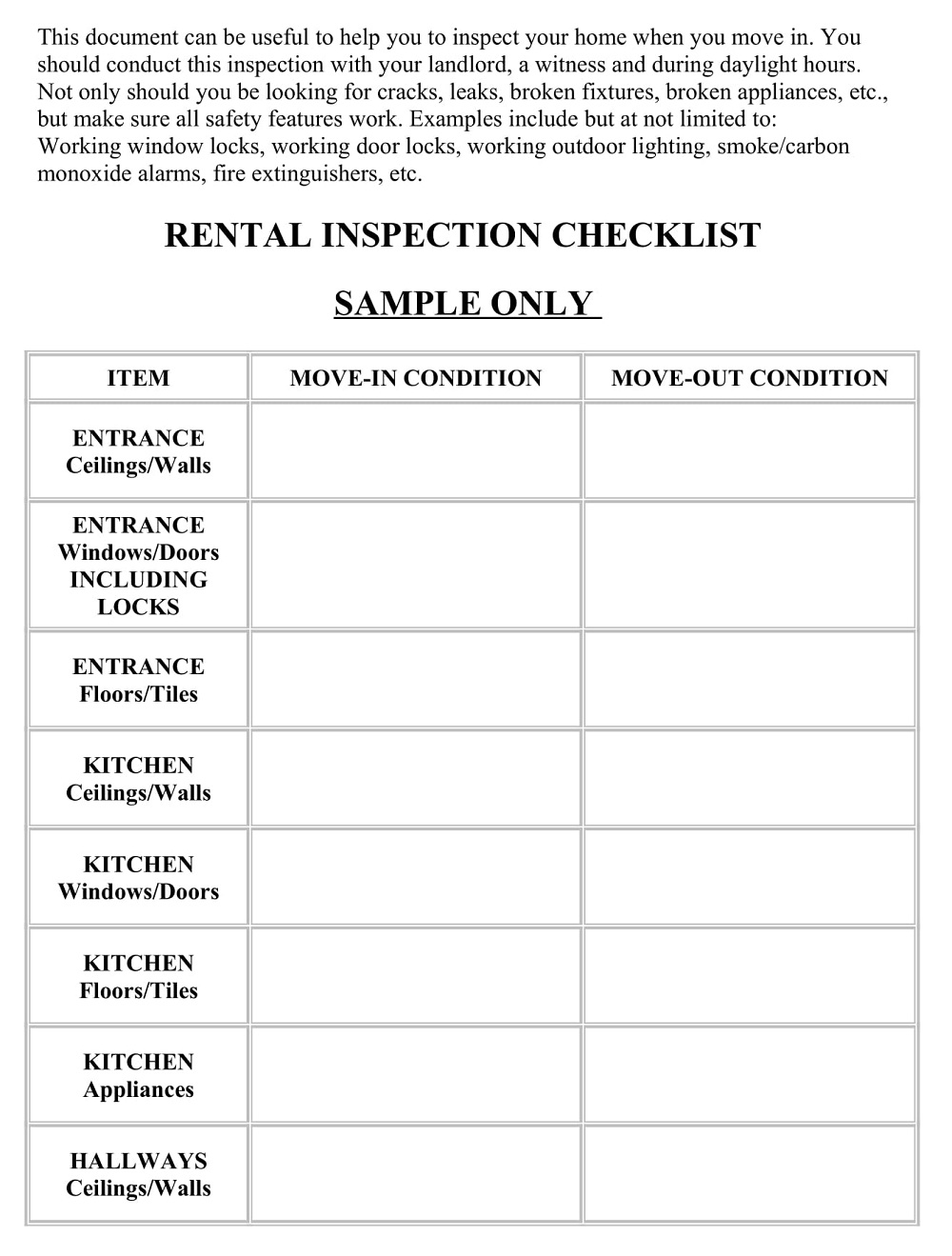Rental Inventory Inspection Checklist