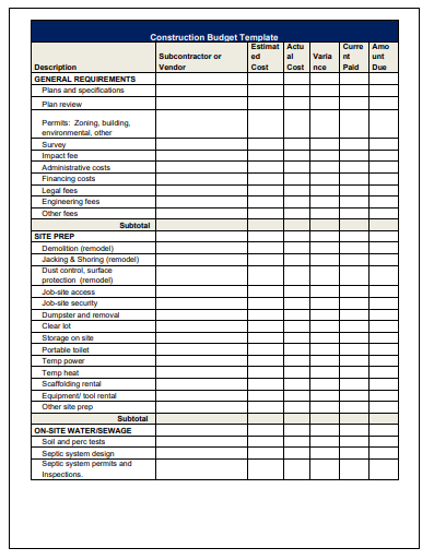 Residential Construction Budget Template 2