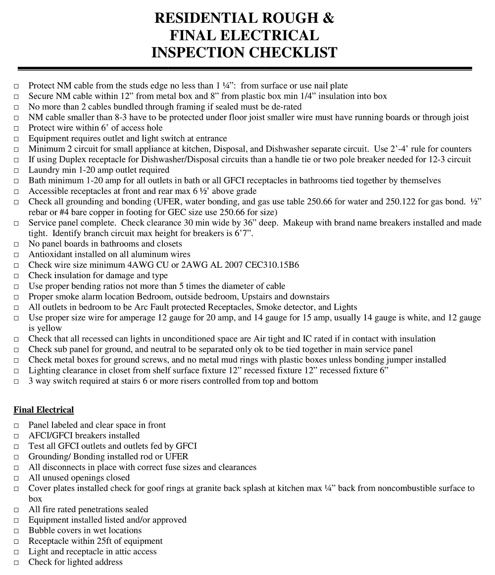 Residential Rough & Final Electrical Inspection Checklist