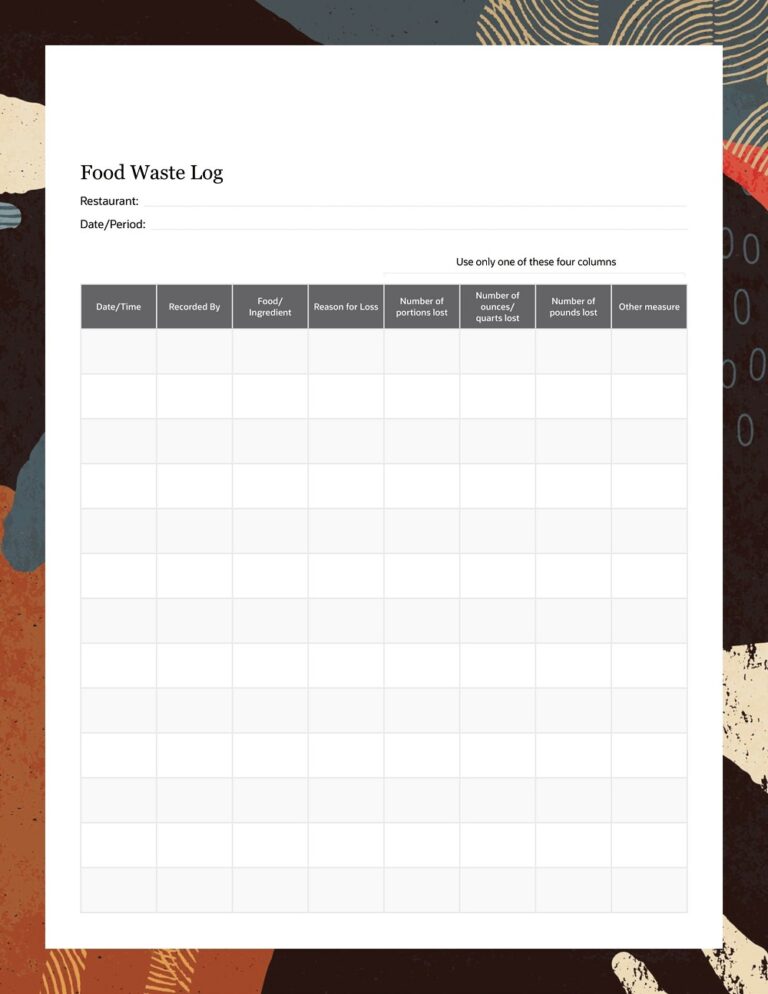 26 Free Printable Food Waste Log Sheet Templates Pdf Ms Word
