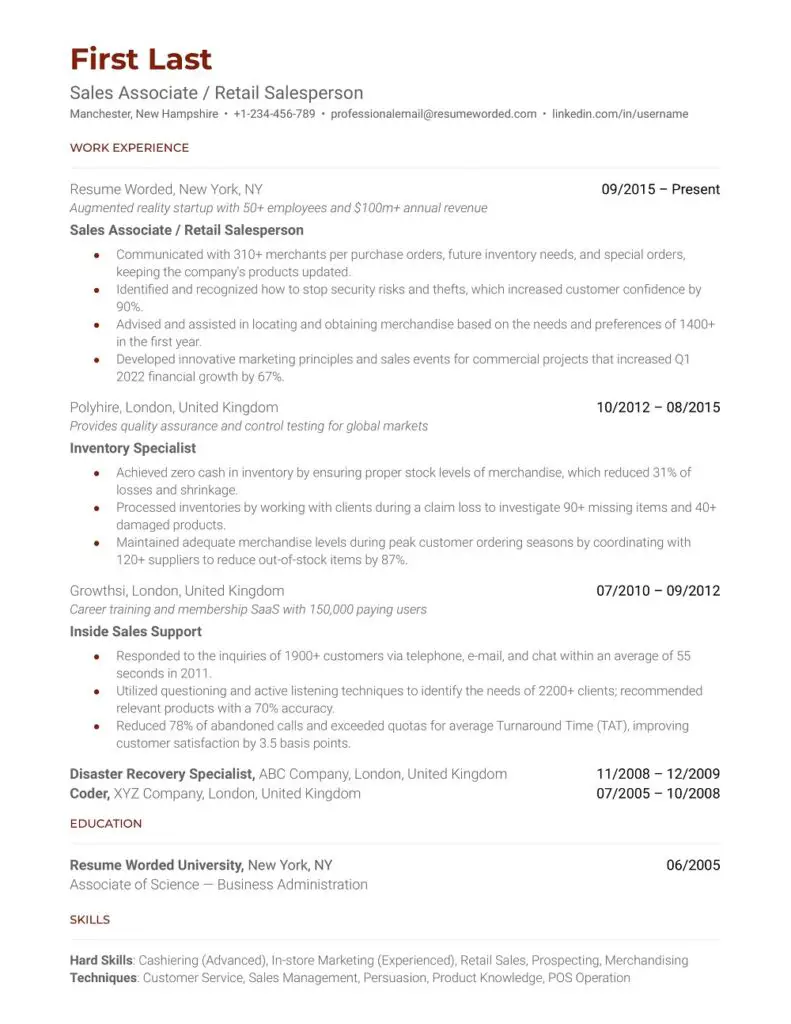 30 Free Sales Associate Resume - Retail Salesperson Resume Template 791x1024