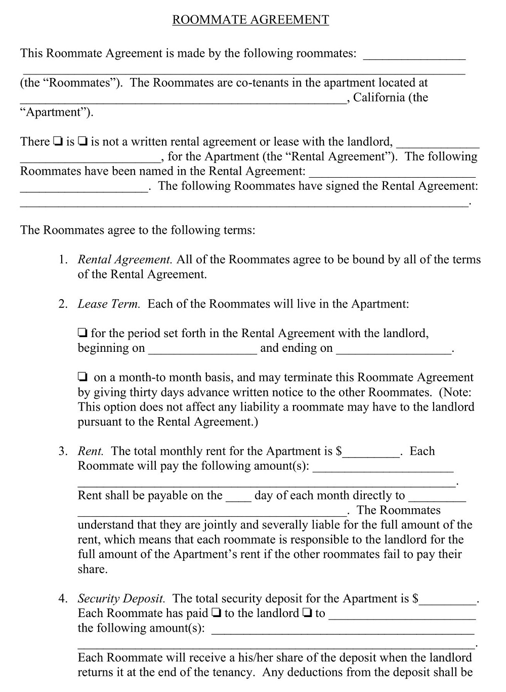 Roommate Agreement Form California