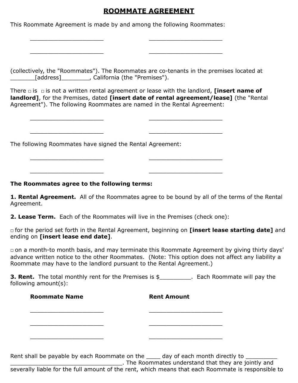 Roommate Agreement Format California