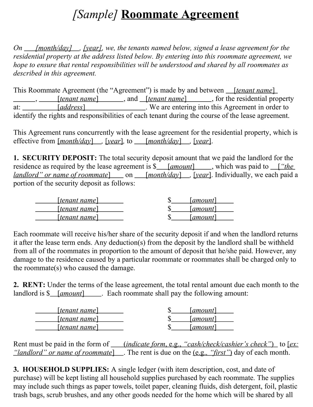Roommate Agreement Template Word