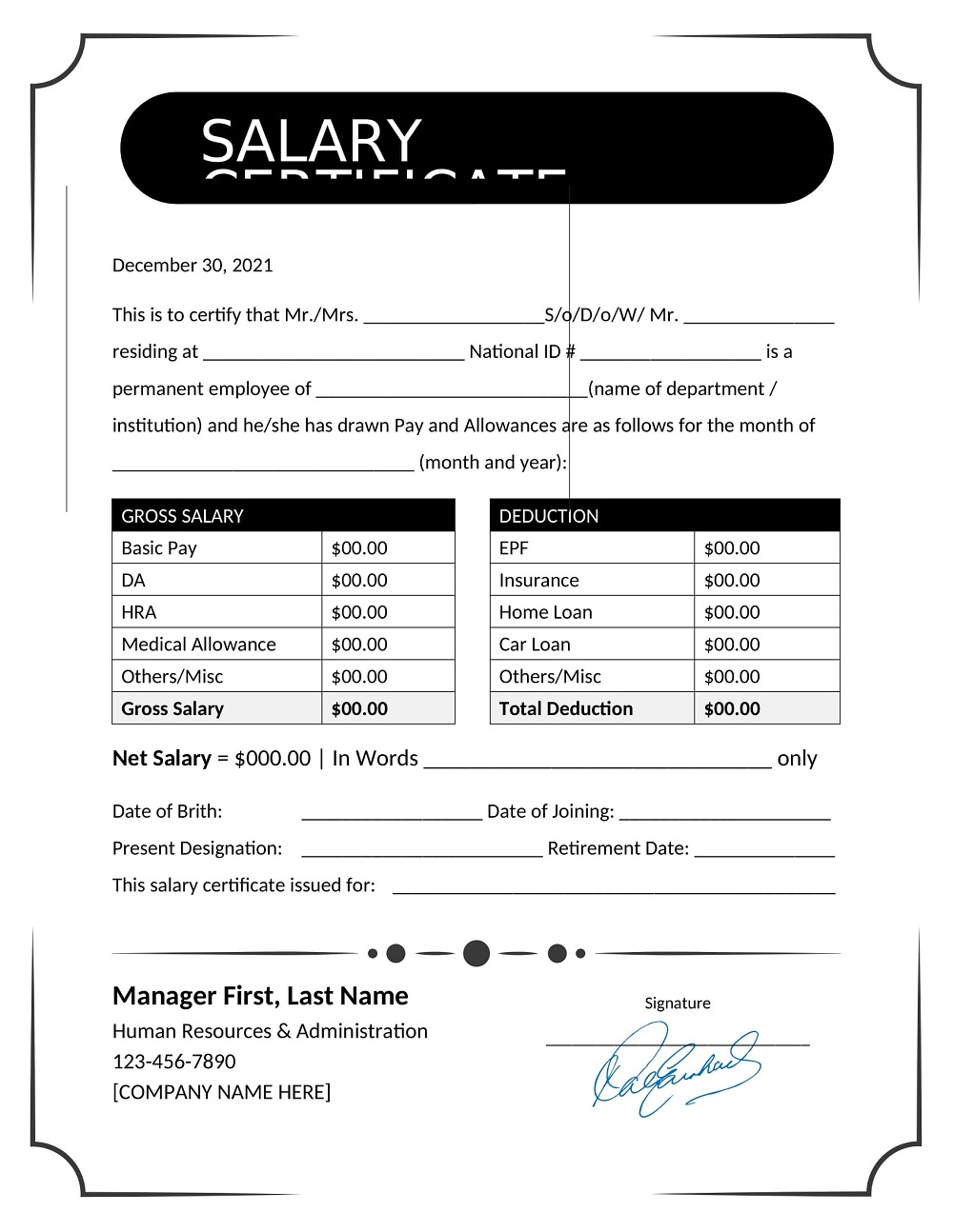 Salary Certificate Format with Gross and Deduction Amounts