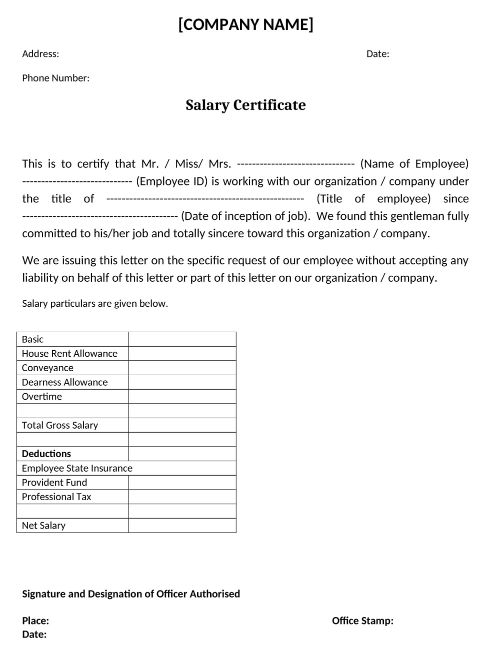 Salary Certificate for Loan