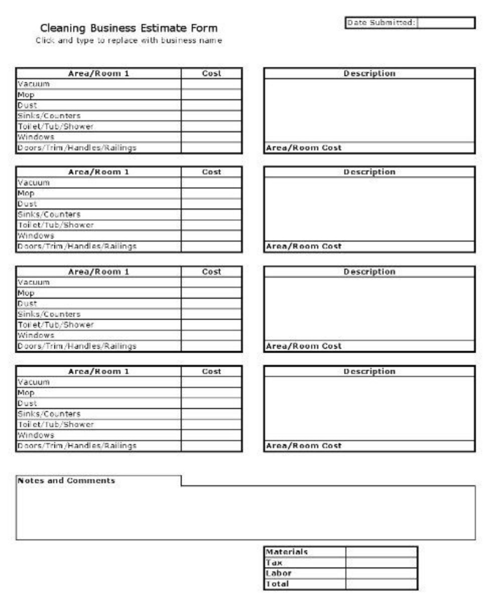 Sample Cleaning Business Estimate Form