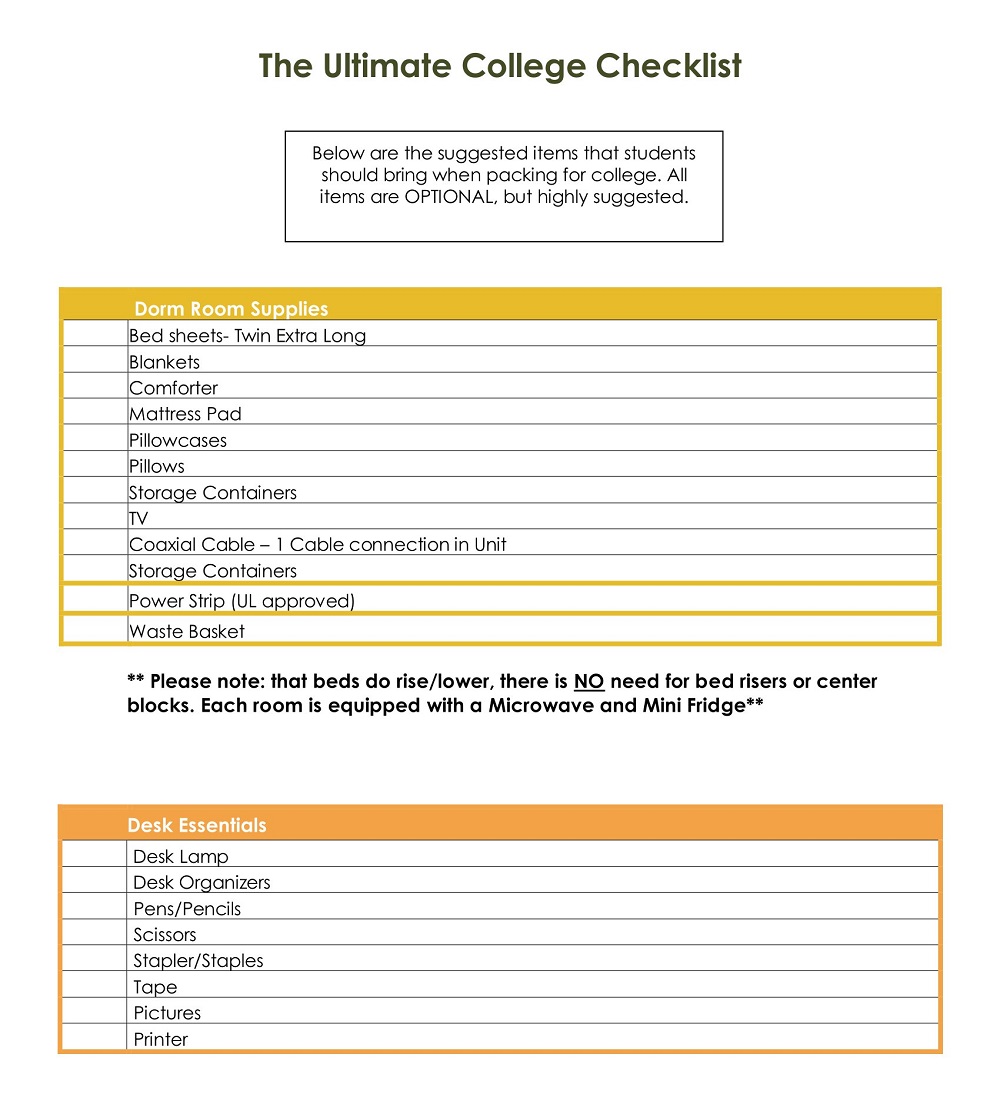 Sample College Checklist Template