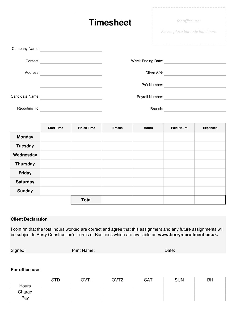 Sample Construction Time Card Template