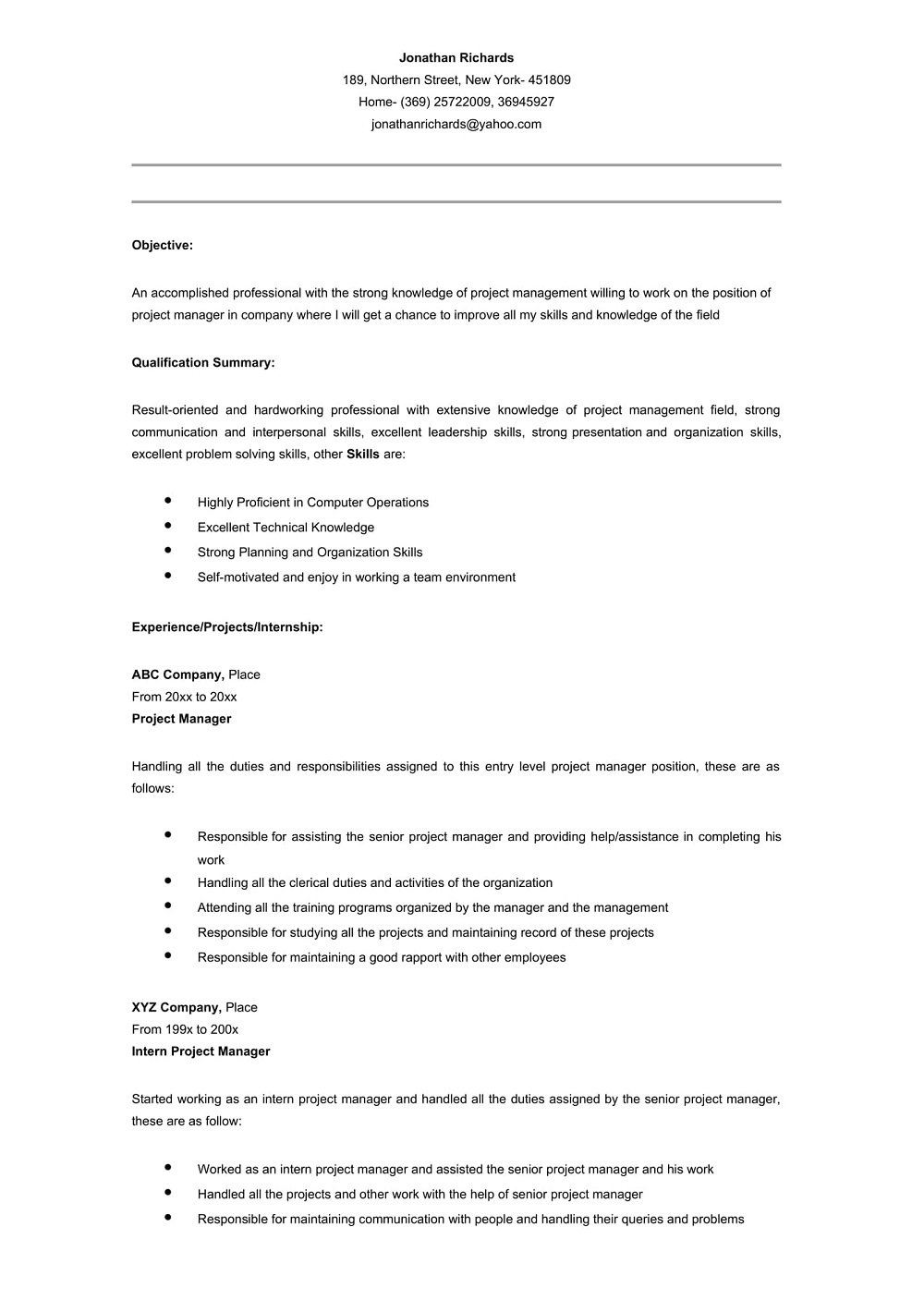 Sample Entry Level Project Manager Resume