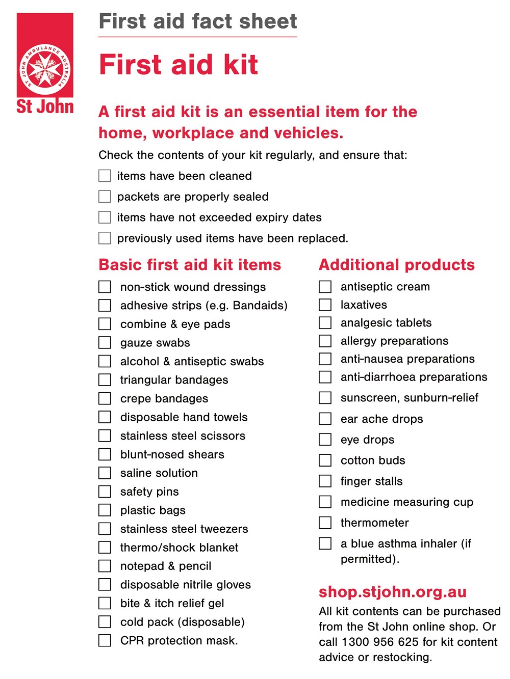 Sample First Aid Kit Checklist