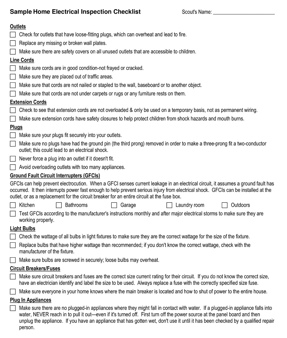 Sample Home Electrical Inspection Checklist
