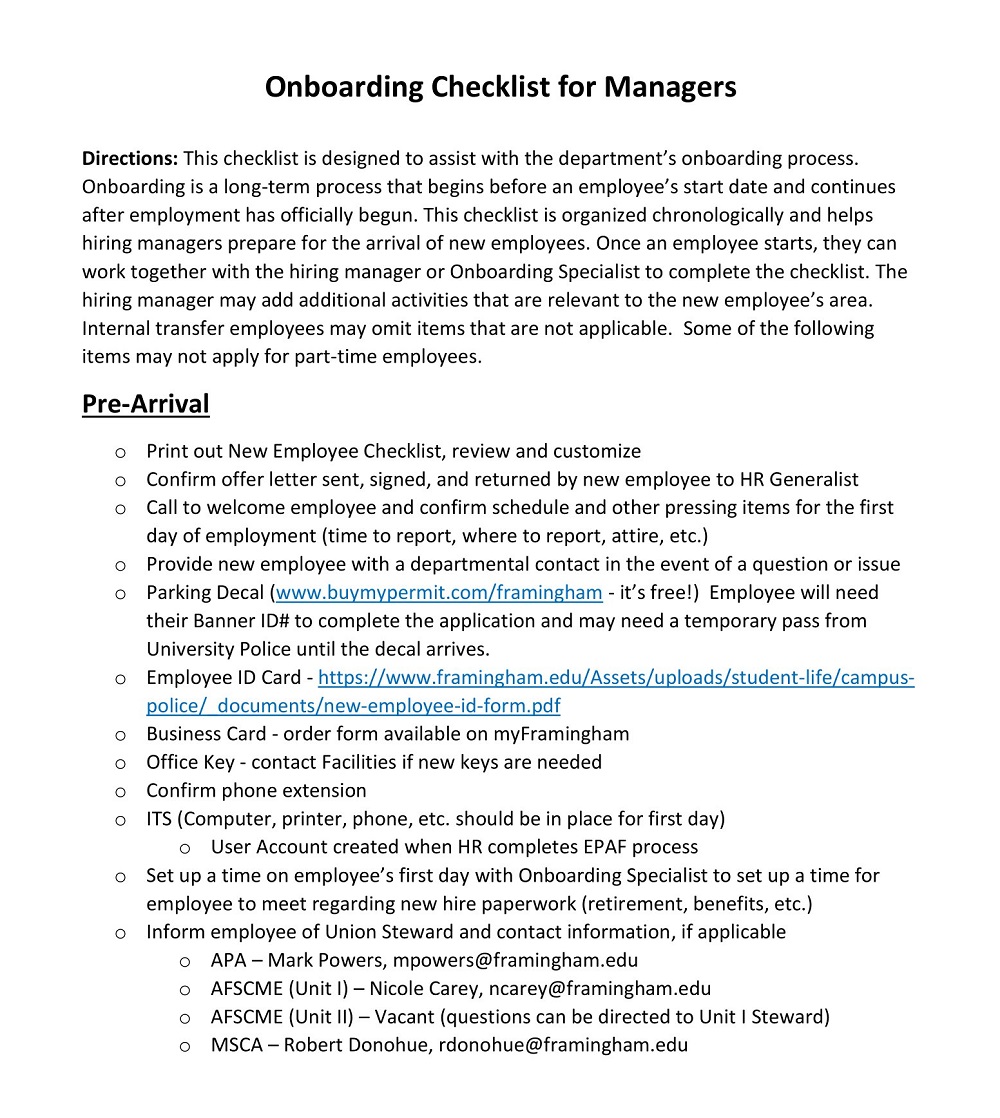 Sample Onboarding Checklist for Managers