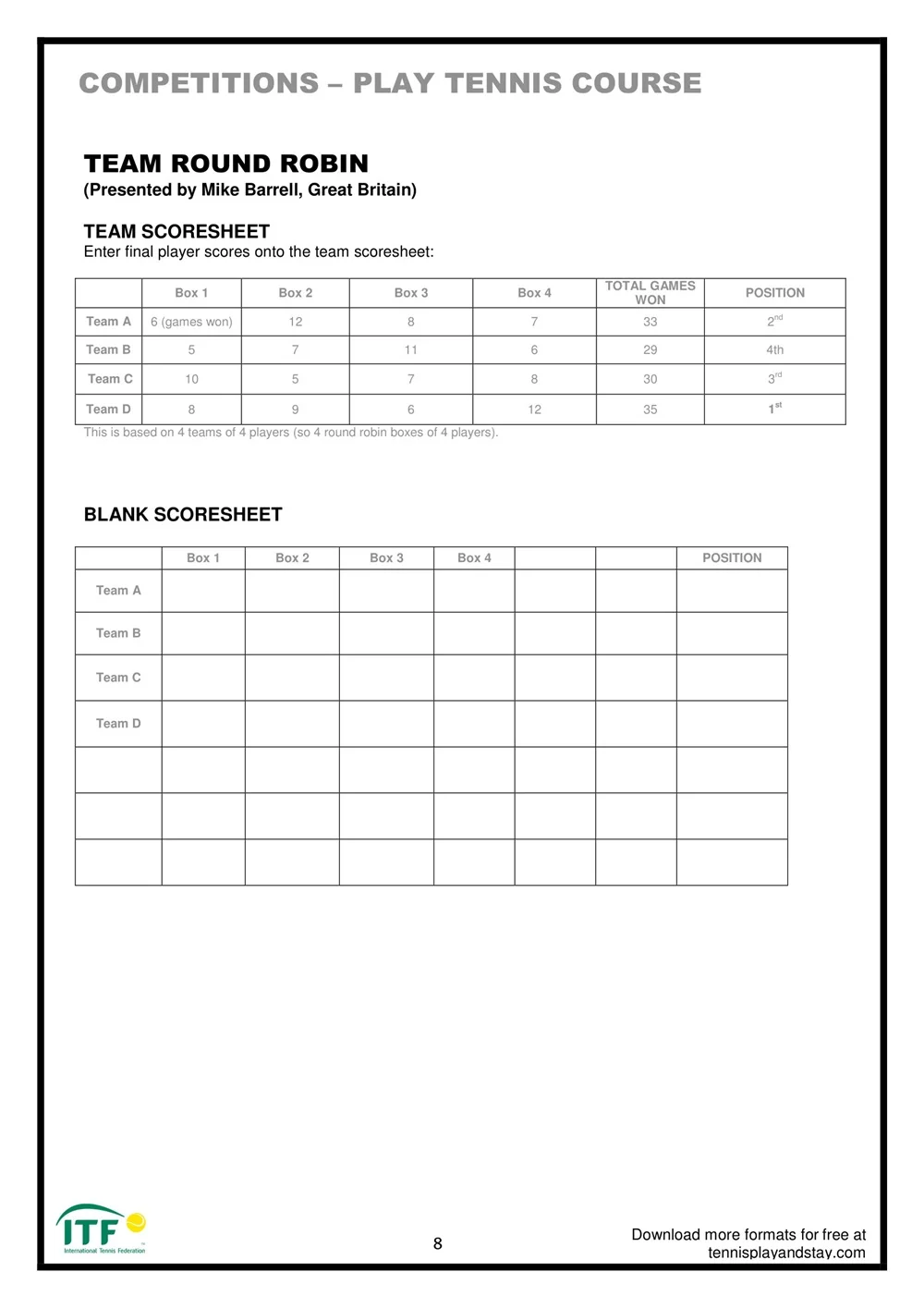 Sample Tennis Score Sheet