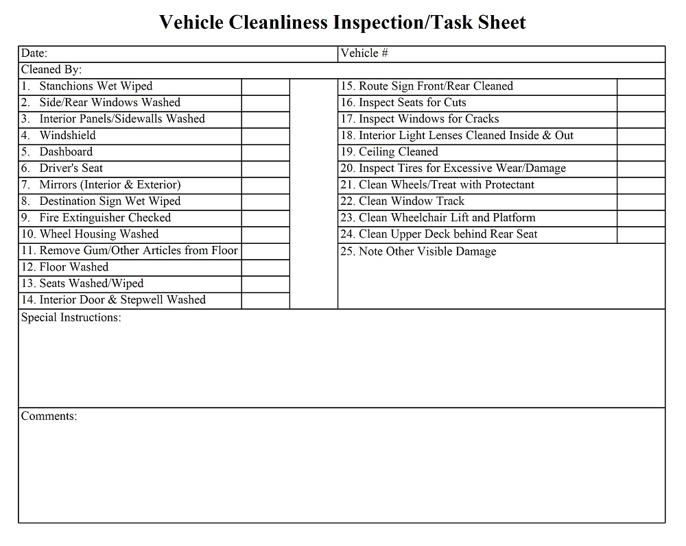 Sample Vehicle Cleanliness Inspection Checklist