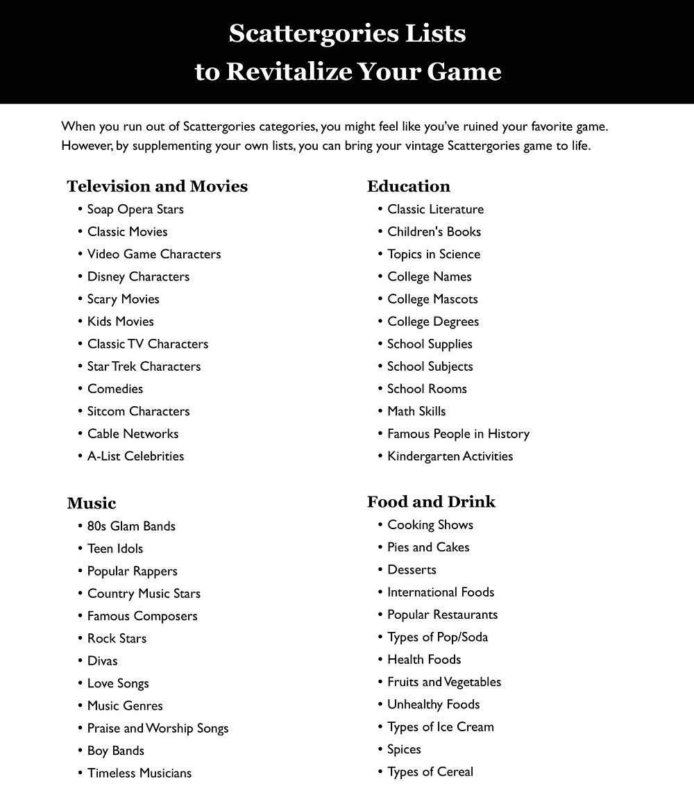 Scattergories Lists to Revitalize
