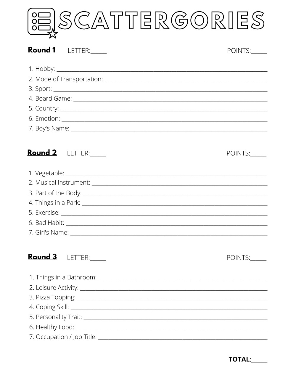 Scattergories Sheet for Therapeutic Recreation