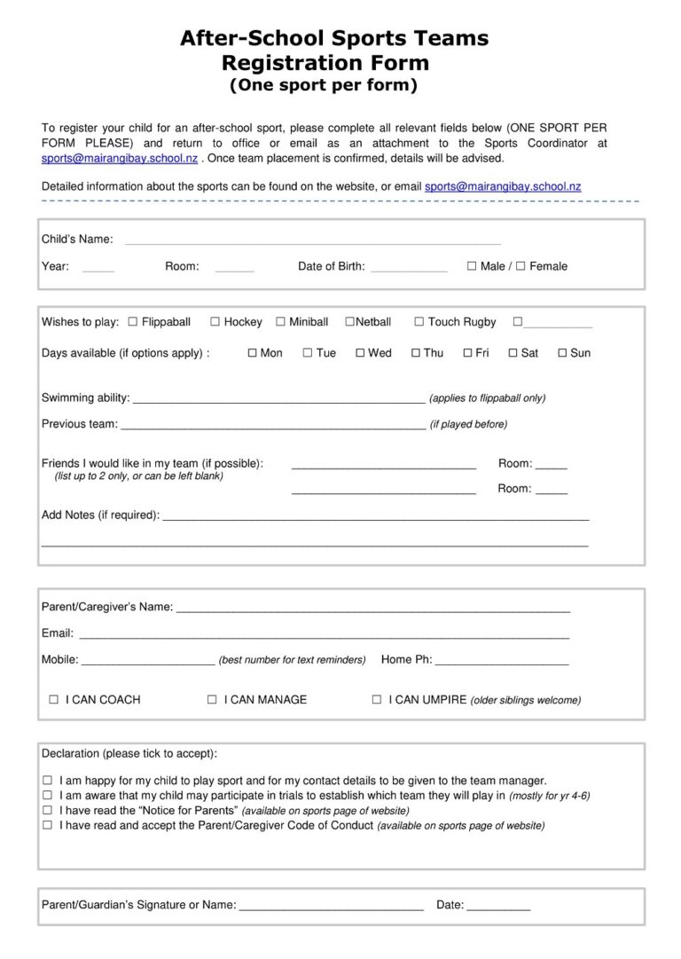 35+ Free Printable Sports Registration Form Templates (PDF) » American ...