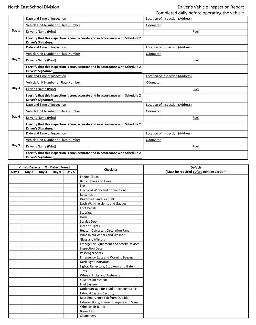 School Vehicle Cleaning Inspection Checklist
