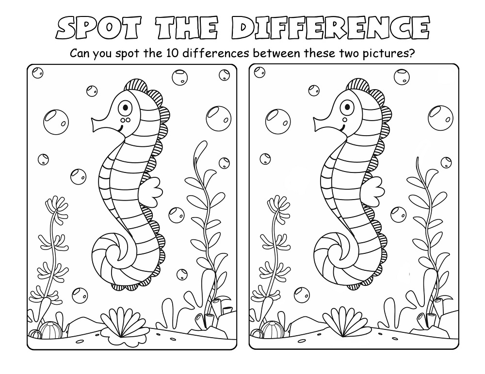 Seahorse Spot the Difference Puzzle Worksheet