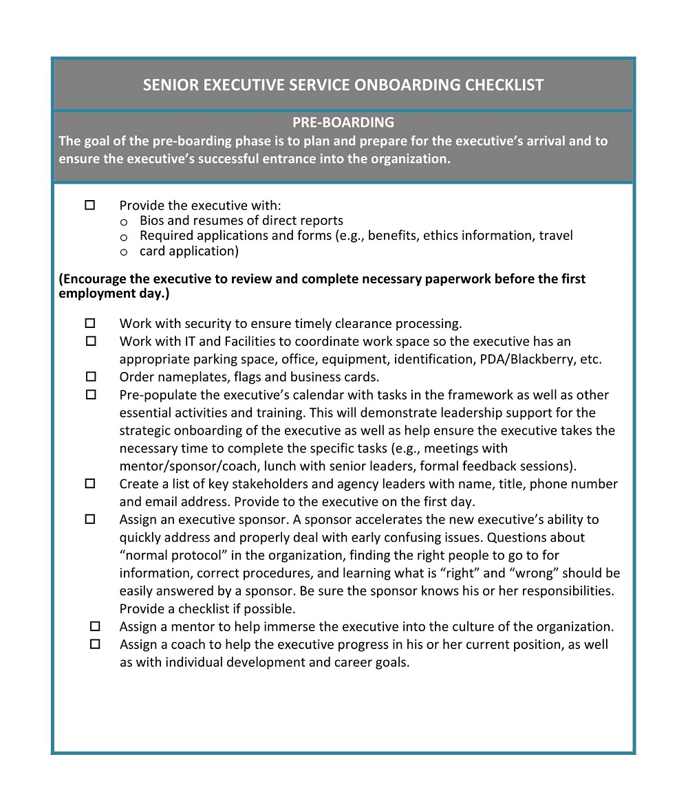 Senior Executive Service Onboarding Checklist