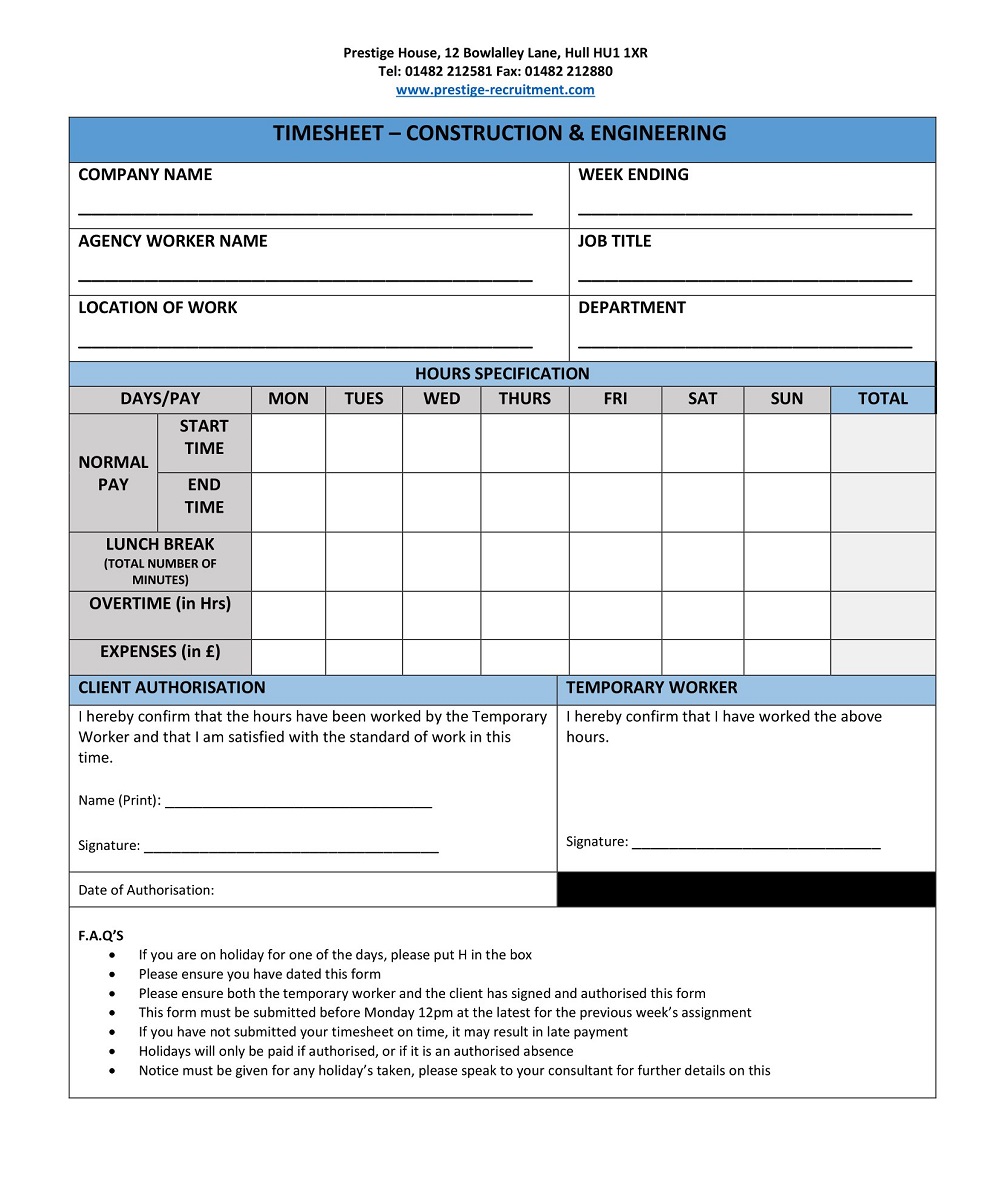 Simple Construction Timesheet Template